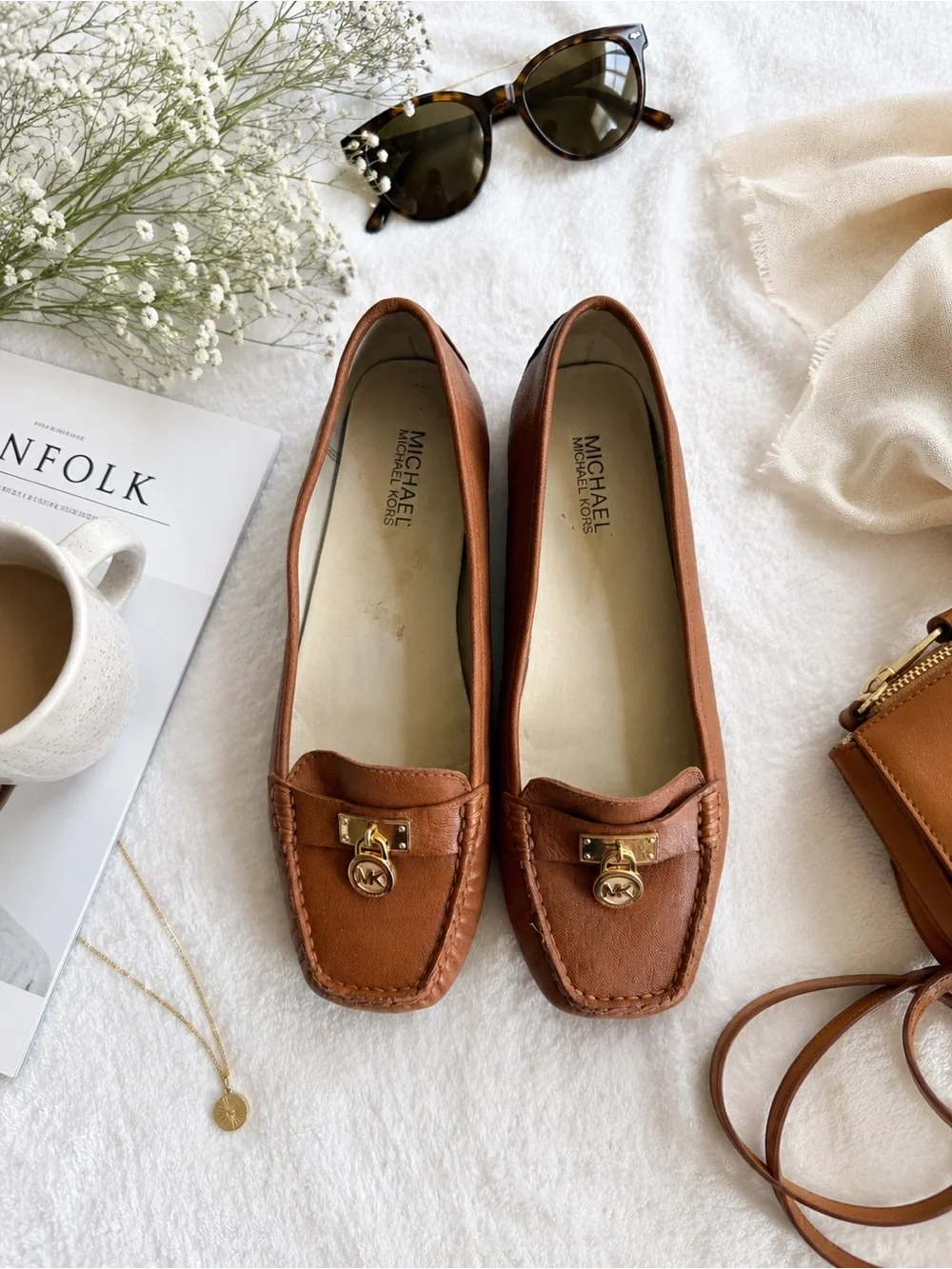 Michael Kors Brown Leather Lock Charm Loafers Flats Size 9M